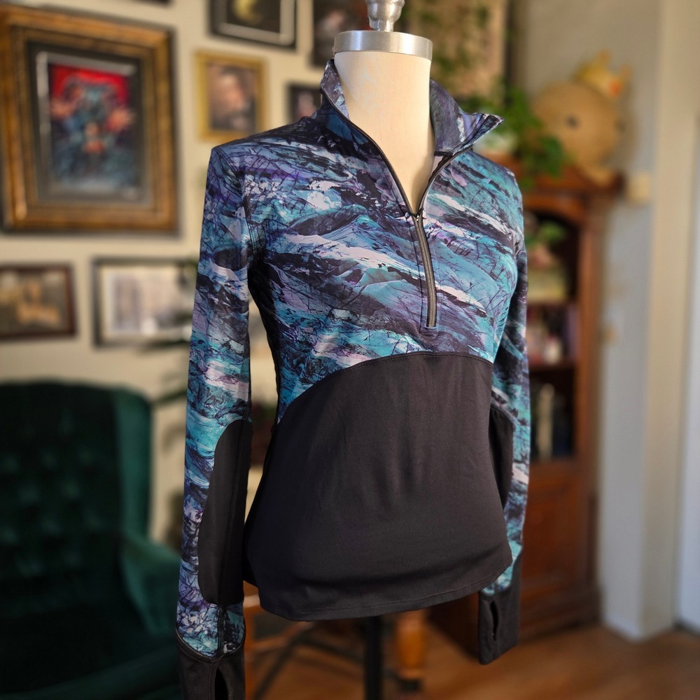 Lululemon Quarter Zip Running Top Blue Marbled Print Long Sleeve Thumbhole Small